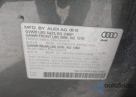 2017 Audi Q5 2.0T Premium z USA, uszkodzony, nr VIN WA1L2AFP0HA016667